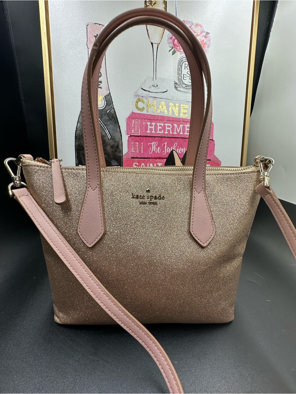 Kate Spade  Rose Gold Glitter Satchel with Pink Handles